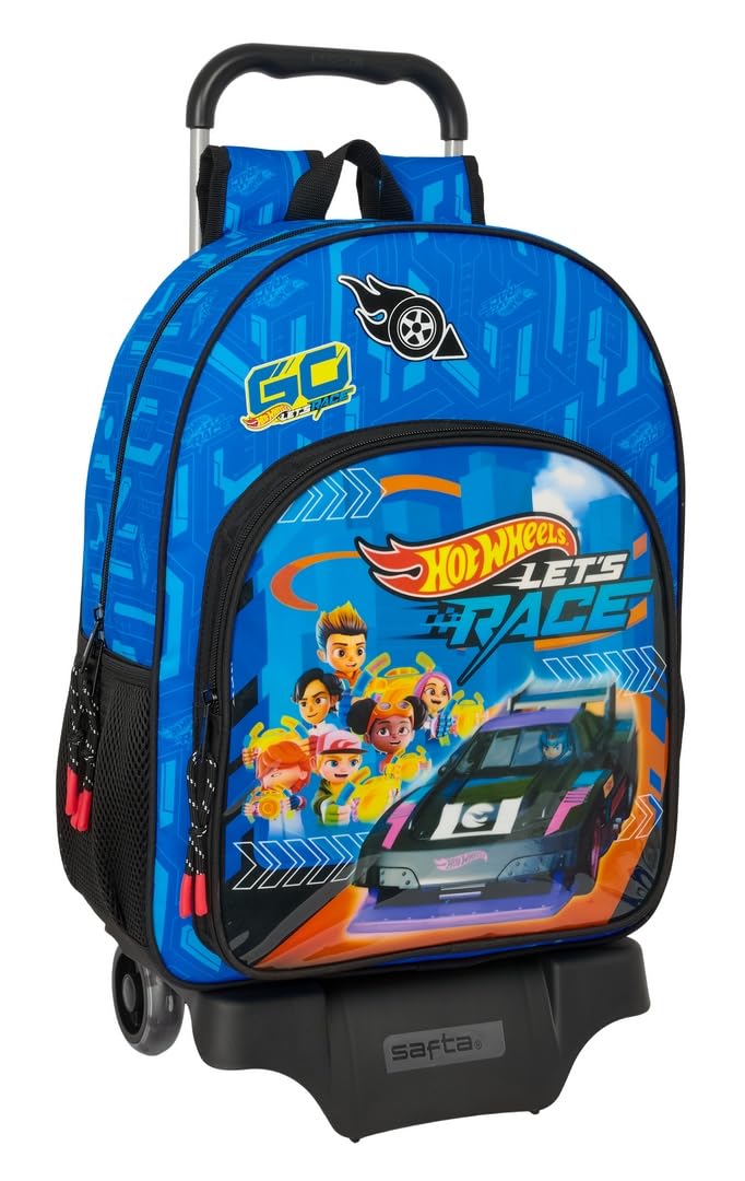 SAFTA HOT WHEELS LET'S RACE School Backpack con Trolley|M|Blu/Nero 33x14x42 cm|Per Bambini Di Tutte Le Età|Comodo e Vers